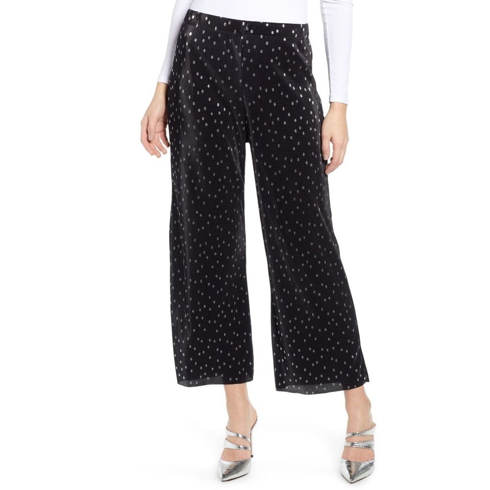 Topshop Metallic Spot Plissé Pants Black Silver Crop Wide Leg Pants Sz L 12
